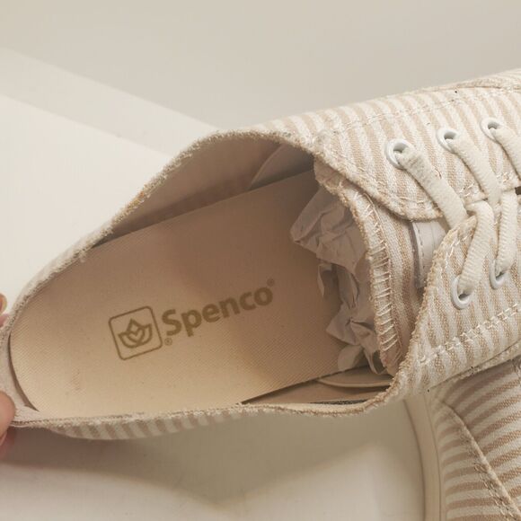 Spenco Orthotic 7.5 Tan Stripe Canvas Slip-On Sneaker Mules Santa Rosa New - Picture 9 of 9